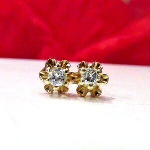 Small Natural Diamond Buttercup Solitaire Earrings 14k Gold Genuine Real Baby